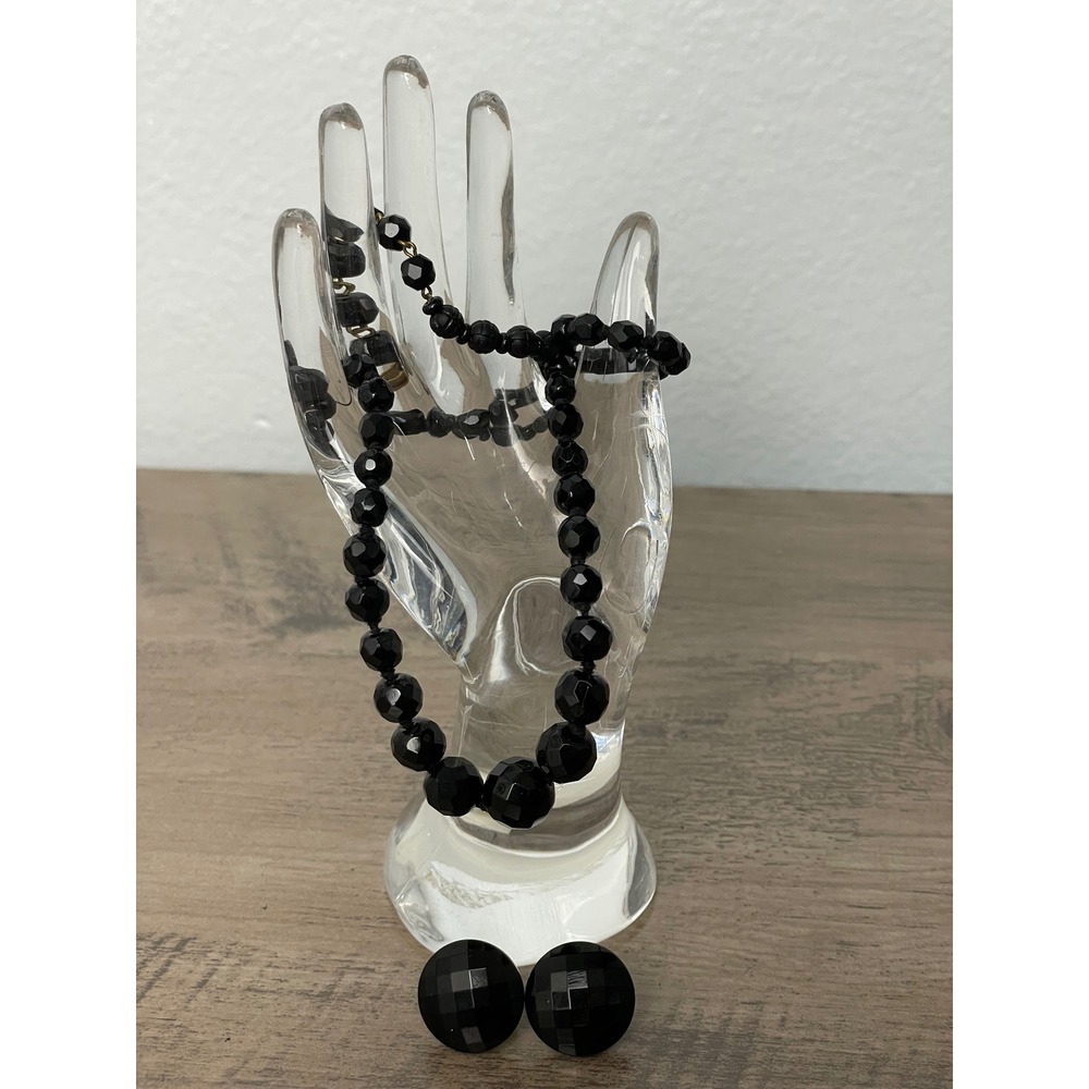 Western Germany Black Faceted Bead Necklace & Matching Earrings Set Vintage‎